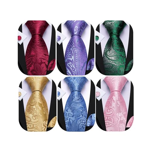 Image of Barry.Wang 6 PCS Men Ties Set Silk Business Fashion Woven Necktie Handkerchief Cufflinks Paisley Stripe Wedding Party