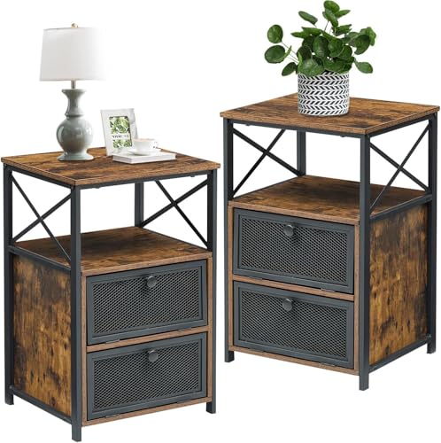 Image of VECELO Nightstand Set of 2, End Table with Flip Drawer, Modern Night Stand for Bedroom,Living Room, Office, Easy Assembly, Vintage Brown