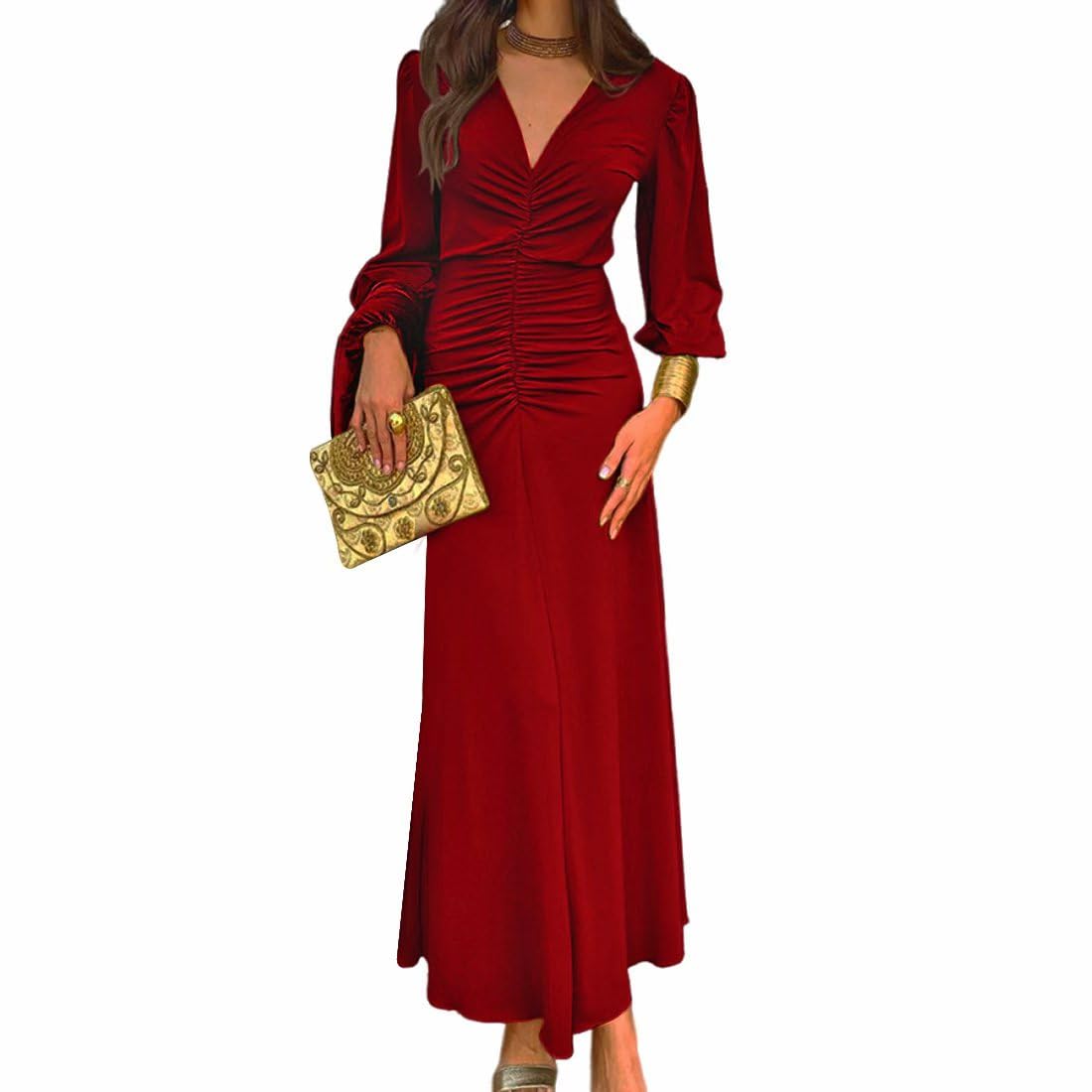 Vestido de Fiesta Largo para Mujer Vestido Maxi Manga Larga Cuello en V Elegant Vestidos Dama de Honor Ruched Wrap Vestidos de Noche Boda Slim Fit para Cóctel Fiesta Club Ceremonia