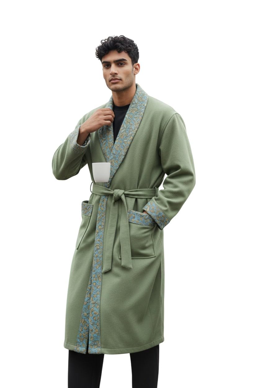 Men Woolen Nightgown Dressing Gown Sleep And Lounge Wear With Kashmiri Charming Embroidery Free Size (1, Light Green-4)