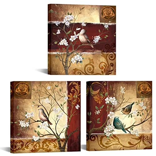 Sechars Birds Painting On Canvas Vintage Birds On Flowers Tree Branch Pictures Canvas Print Brown Red Vintage Artwork For Home Bedroom Bathroom Decoration Ready To Hang (Small) #TOP30