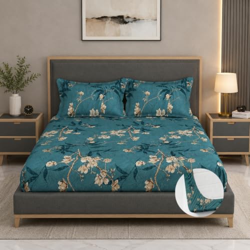 Image of Premium Heavy Cotton Elastic Fitted Bedsheets with 2 King Size Pillow Covers || Double Bed with All Around Elastic 350 TC || 72 x 78 x 10 Inch King Size Fitted || - Green Flower