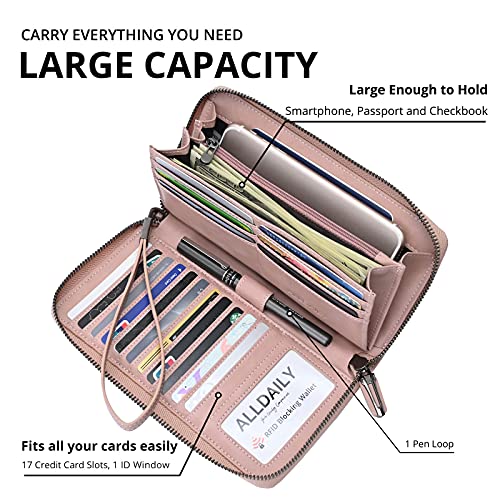 Women's RFID Blocking Leather Zip Around Wallet Large Phone Holder Clutch Travel Purse Wristlet (Dark Pink)3