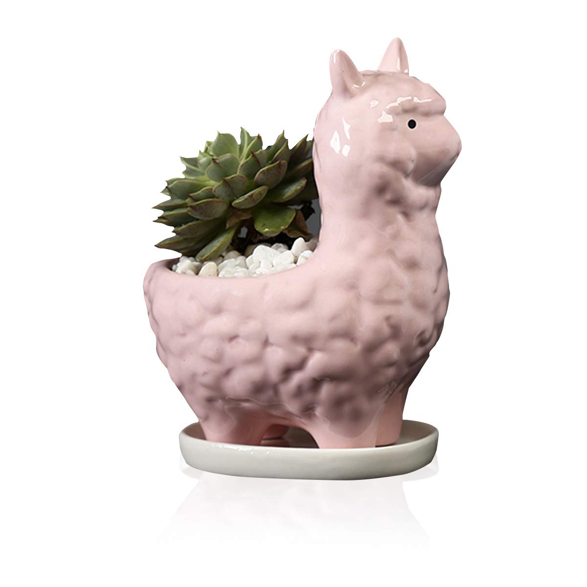 Lependor Cute Llama Succulent Planter Pot with Drainage Tray, White Ceramic Cactus/Flower Container, Animal Alpaca Bonsai Holder for Indoor Plants - Pink