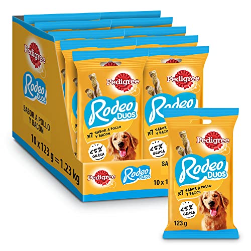 Pedigree Rodeo Duos Snack en Tiras para Perros sabor Pollo y Bacon (Pack de 10 x 123 g)