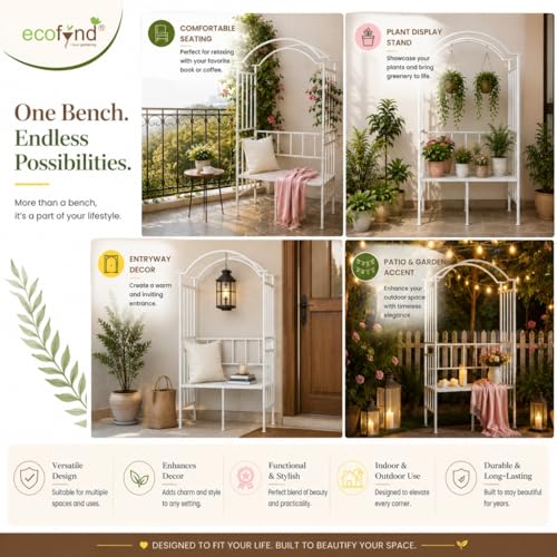 Image of ecofynd 6.8 Feet High 3.8 Feet Wide Garden Arch with 2-Seater Bench, Metal Arbor Trellis for Climbing Plant with Outdoor Garden Chair, Backdrop Stand for Wedding Lawn Backyard Party Decor (GC004-WHT)