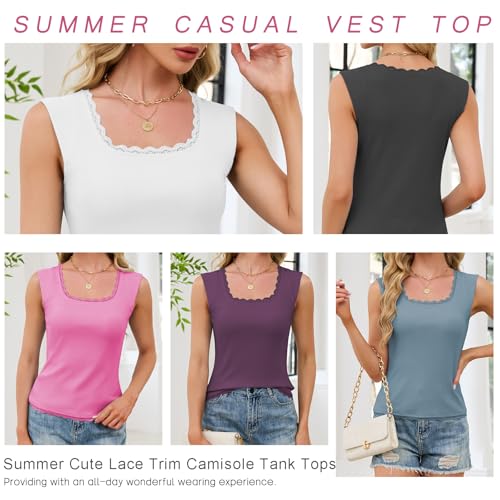 Famulily Womens Cap Sleeve Scoop Neck Lace Trim Fitted Tight Cami Shirts Casual Cotton Basic Tee Navy XL — view 5