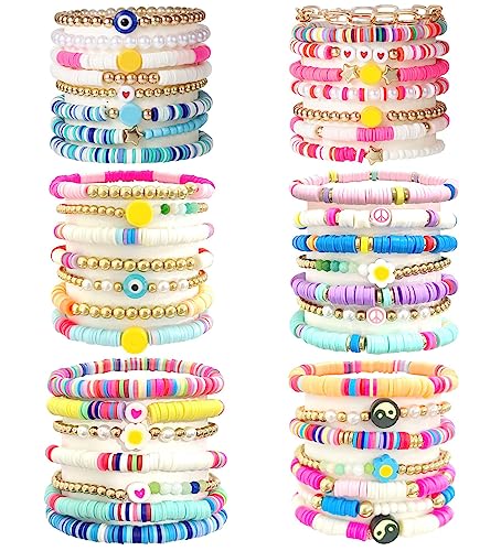 WAINIS 44 Pcs Surfer Heishi Clay Bead Bracelets for Women Bohemian Stackable Beaded Stretch Bracelets Elastic Layering Friendship Bracelets Set Boho Jewelry Cute Bracelets for Concert Beach Vacaiton - Main Image