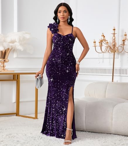 Image of Cololura Women Sexy Elegant Sequin High Split Ruffled Hem Mermaid Party Cocktail Bodycon Formal Evening Gowns Maxi Dress
