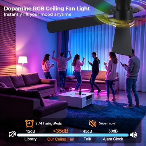 Image of JSAITEE 52in Flush Mount Ceiling Fans with Lights Low Profile, Brown RGB | Ceiling Fans with Lights Flush Mount Low Profile, Reversible Motor, 3CCT Dimmable, Noiseless, 6 Speeds, Brown Modern