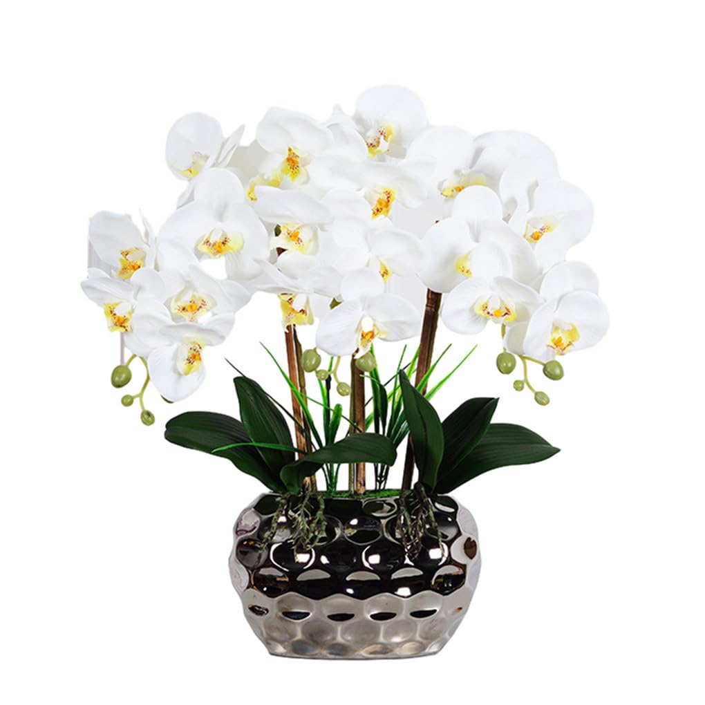 Grande orchidea artificiale bonsai con vaso Phalaenopsis Real Touch piante finte composizioni di orchidee per la decorazione del soggiorno, Bianco giallo chiaro