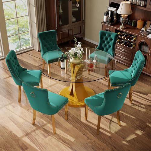 Image of 7-Piece Dining Table Set with 47In Tempered Glass Table and 6 Velvet Upholstered Chairs, Modern Scandinavian Furniture for Dining Room Kitchen(Green&Gold)