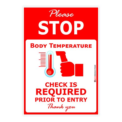 IGNIXIA Pack of 02 Please Stop Body Temperature check required stickers, Social Distancing Sign, 7x10 Inches, Stop Temperature Check Station Sign Decals Fade Resistant, Easy Mounting, Indoor Outdoor Use