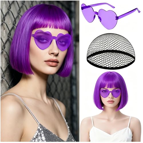 Image of MEEZY 1Pcs Purple Short Bob Wigs Straight Hair with Flat Bangs Heart Sunglasses for Women, Colorful Funny Cosplay Party Neon Wig Synthetic Natural As Real Carnival Halloween Costume