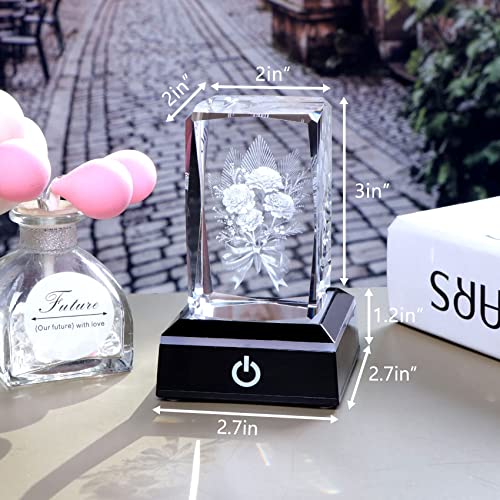 Movdyka Crystal Etched 3D Carnation Bouquet Figurine Collectible Gifts for Women Glass Cube Engraved with Carnations Keepsake with LED Lamp Presents Ideas for Mum Daughter Her - Image 3