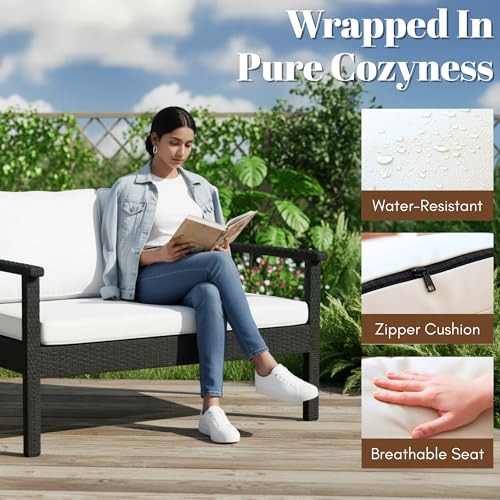 Image of DEVOKO Rattan & Wicker 4 Piece Outdoor Conversation Sofa for Balcony, Indoors Porch, Garden, Terrace Patio Furniture Set with Cushions and Center Table (Black and White), 78 cm, 101.6 cm, 53.3 cm