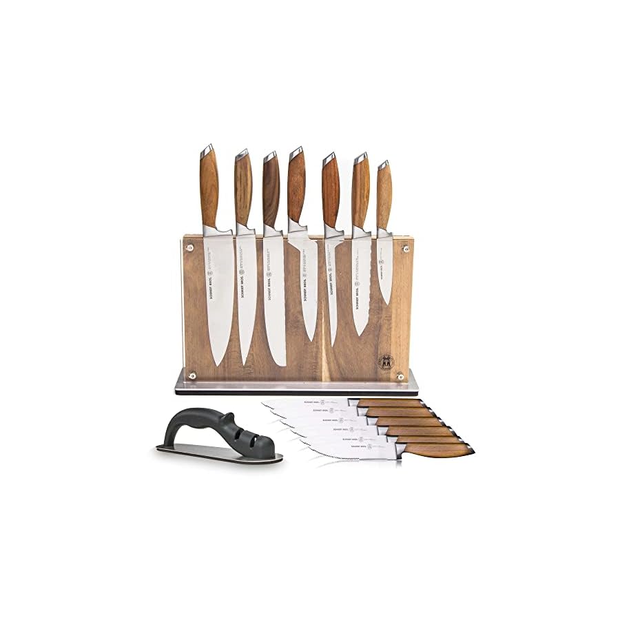 Schmidt-Brothers-Bonded-Teak-15-Piece-Knife-Set-High-Carbon-Stainless-Steel-Cutlery-with-Acacia-and-Acrylic-Magnetic-Knife-Block-and-Knife-Sharpener Schmidt Brothers - Bonded Teak, 15-Piece Knife Set, High-Carbon Stainless Steel Cutlery with Acacia and Acrylic Magnetic Knife Block and Knife Sharpener