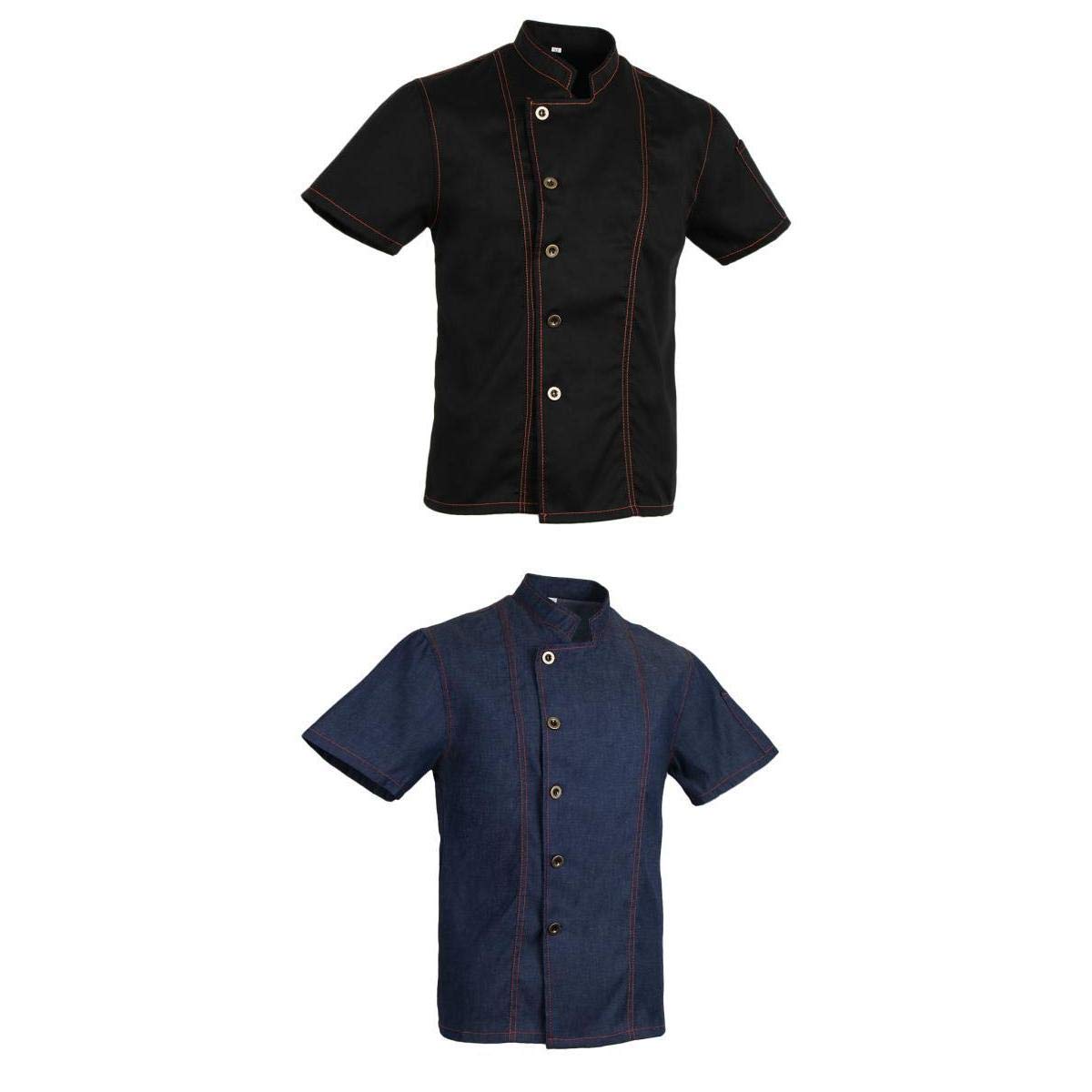 CALANDIS™ 2 Pieces Denim Chef Jacket Coat Short Sleeves Kitchen Uniform Blue Black M | Uniforms & Work Clothing-image-7