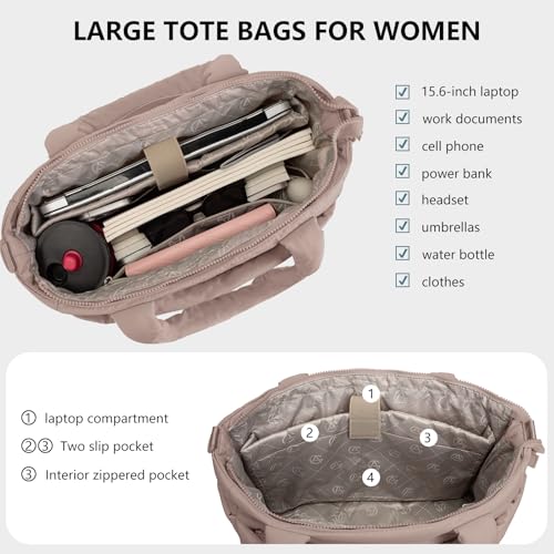 Image of Puffer Tote Bag for Women Quilted Nurse Bag Lightweight Work Bag for Teacher Travel Handbag with Multiple Pockets
