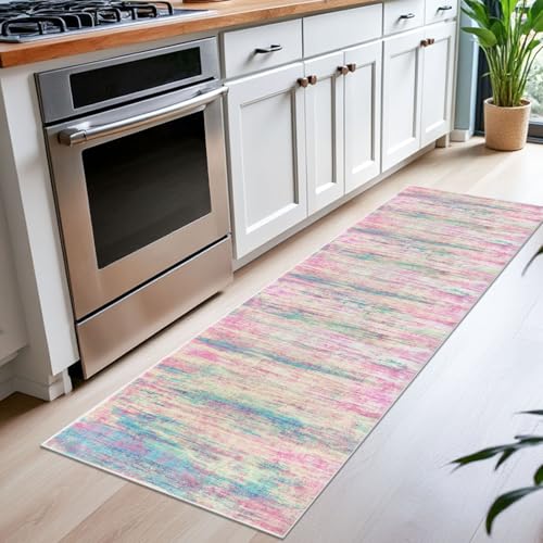 KOZYFLY Modern Abstract Runner Rug 2x6 Multi Pink Runners for Hallways Kitchen Rug Non Slip Washable Carpet Rug Runner Laundry Mat with Soft Low Pile for Entryway Bathroom Bedroom Kitchen
