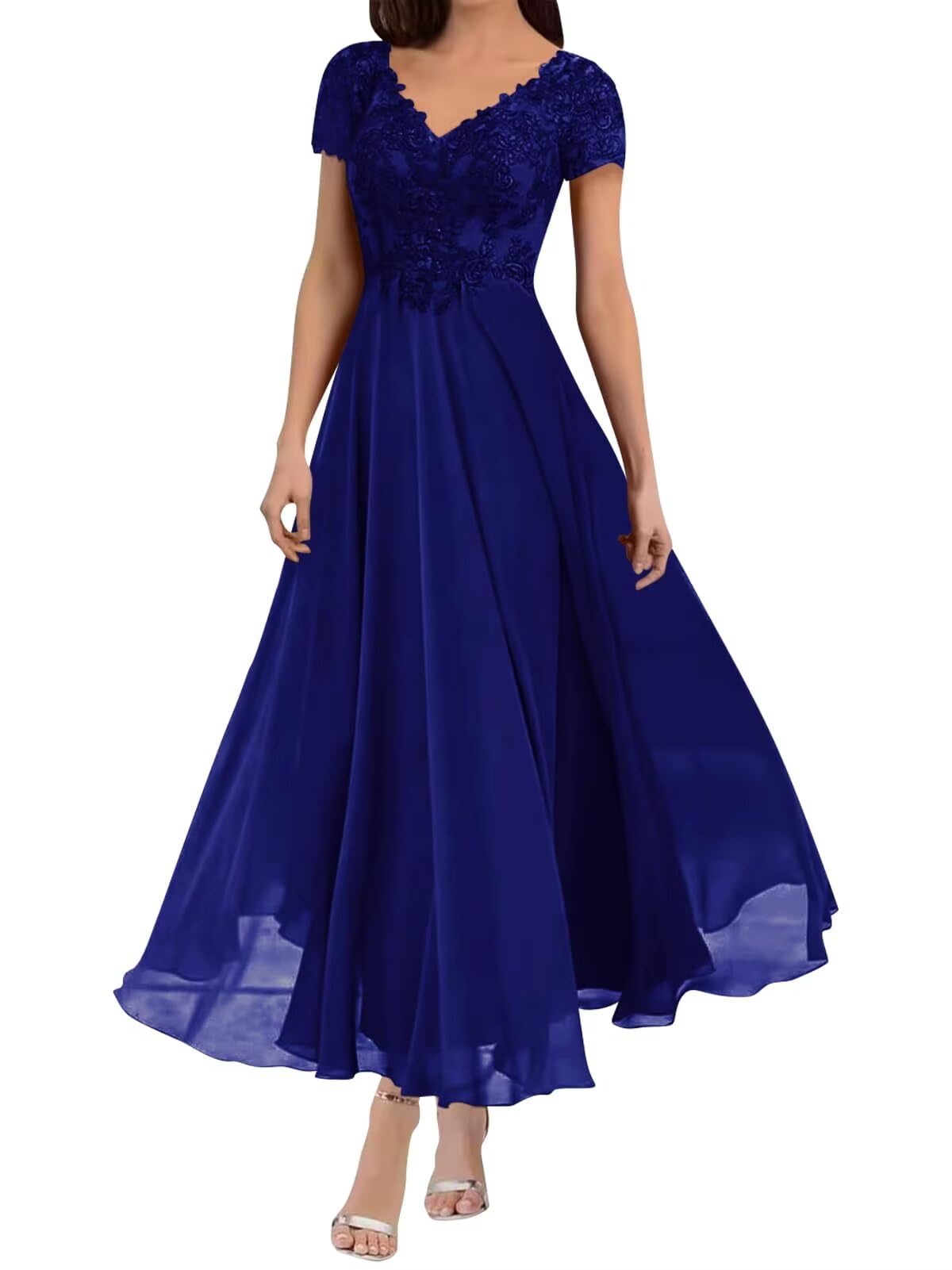 Tea Length Lace Applique Mother of The Bride Dresses for Wedding V Neck Chiffon Formal Evening Gowns with Sleeves FT015