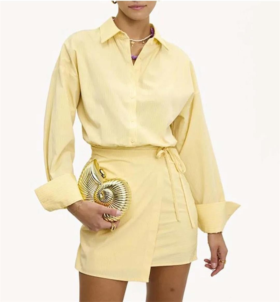 Women Yellow 2 Piece Long Sleeve Button Shirts and High Waist Lace-Up Slim Mini Skirts Sets