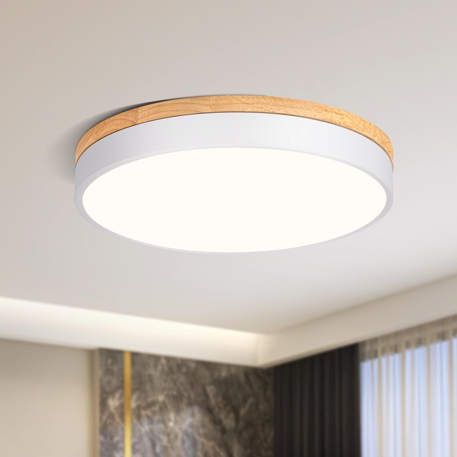 Qamra Plafoniera LED, Plafoniera Bianca 40cm, 36W | Lampada con Legno per camera da letto, soggiorno, cucina, corridoio, sala da pranzo, 4000K