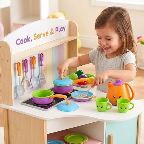 Image of Crackles Pretend Play Solid Colour Tea Party Kitchen Play Set Toy with Teapot, Cups Pretend Play Cooking Set, Toy Pots N Pans, Cookware, Utensils