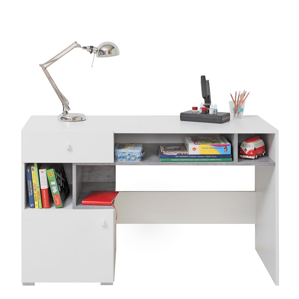 Lomadox Jugendzimmer Set 7-teilig mit Kommode, Eckkleiderschrank, 2 Regalschränke, Wandregal, Schreibtisch, Jugendbett in Beton und weiß modern