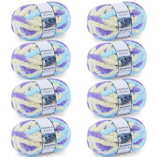 Image of Cozyful Chunky Yarn for Hand Knitting - #10 Chunky Chenille Blanket Yarn, Jumbo Big Thick Chunky Yarns for Crocheting, Tie Dye Bulky Knit Yarns, 8 Skein (20 yds 8 oz Each Skein), Purple&Yellow&Blue