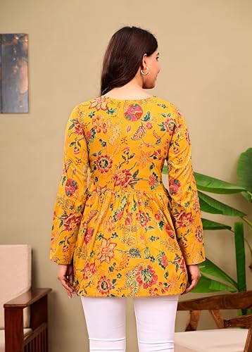 Image of LABEL ADRIJA Cotton V Neck Anarkali Short Kurti for Women Full Sleeve Floral Print | Short Kurtis for Women on Jeans
