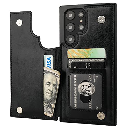 ONETOP Compatible with Samsung Galaxy S22 Ultra Wallet Case with Card Holder PU Leather Kickstand Card Slots Case Double Magnetic Clasp and Durable Shockproof Cover 5G 6.8 Inch(Black)