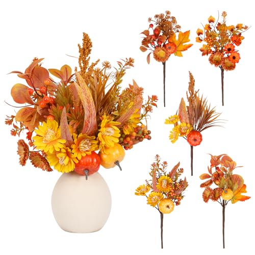 PurpleSwan Fall Decor, 5PCS Artificial Autumn Pumpkin Plant Floral Stems Decorations, for...