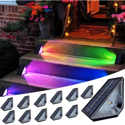 GEEKHOM Solar Step Lights for Outside, 12 Pack Solar Lights Outdoor Waterproof, Warm White & 7 RGB Colors Solar Deck Lights for Stairs Fence Backyard Patio Front Porch Decor Cover