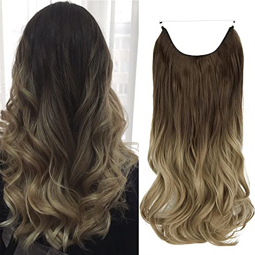 OMGREAET Brown Ombre Hair Extensions Halo Light Brown to Light Blonde Wavy Curly Synthetic Hair Piece Invisible Wire Long 18Inch 4.2 Oz for Women Heat Friendly Fiber No Clip