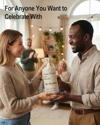 Image of Newly Beginning Wine Gift Bag for Her Reusable Linen Drawstring Wine Bag for Retirement, Graduation & Farewell Gifts, Holds 750ml Bottle