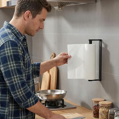 Gewtur Portarrollos Cocina, Portarrollos Papel Cocina Pared, Soporte Rollo Cocina Pared Aluminio, Adhesivo Porta Rollos Papel de Cocina Porta Rollo para Baños y Cocinas, Negro - imagen 6