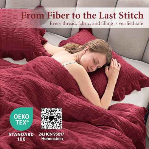 Image of JOLLYVOGUE Burgundy Oversized Queen Comforter Set,3pcs Seersucker Bed Set | OEKO-TEX Certified, All Season, Down Alternative Fill, Lightweight Bedding Set with Ruffle Comforter & Pillowshams, Easy Care