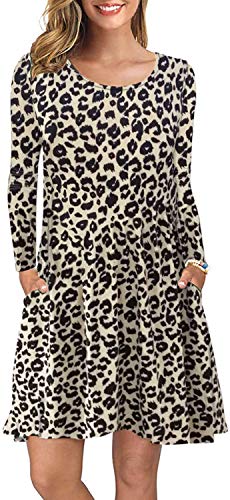 AUSELILY Vestido Holgado Informal de Manga Larga con Cuello Redondo y Bolsillos para Mujer