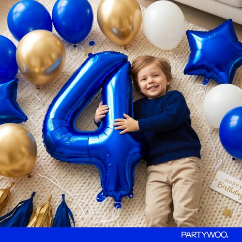 Image of PartyWoo Royal Blue Number 4 Balloon 40 Inch 25pcs Blue Star White Gold