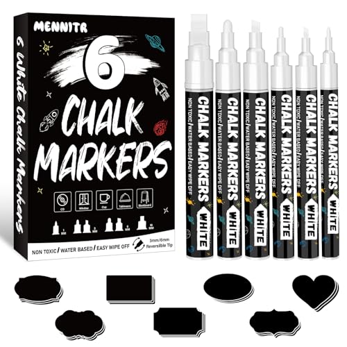 Mennitr Kreidestifte für Fenster 6 Stück Kreidestifte für Tafel Abwaschbar Weiß Fensterstifte mit 25pcs Kreidetafel Labels Kreidemarker Weiss für Glas & Gewürzgläser (1mm 3mm 6mm 10mm)