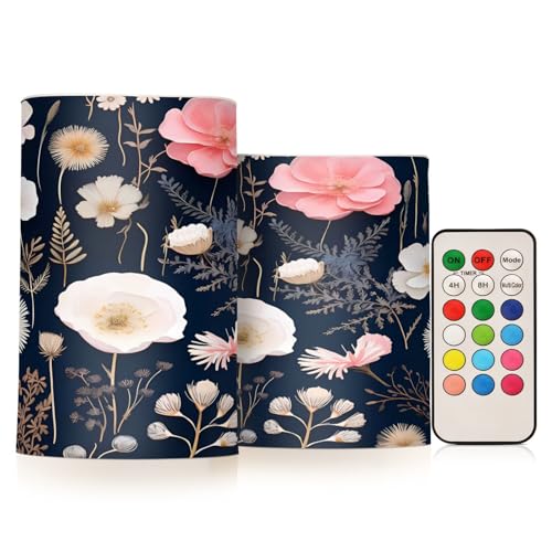 ALAZA Pink White Flowers Flickering Flameless Candles Battery Operated with Remote Timer,Tea Light Candles LED Pillar Votive Candles Set of 2 for Outdoor Indoor Decorations