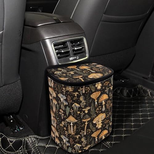 Image of Talayituse Mushroom Leaf Print Car Trash Can, Portable Auto Garbage Bin Multifunctional Vehicle Interior Accessories with Adjustable Straps Universal Fit Truck SUV Sedan