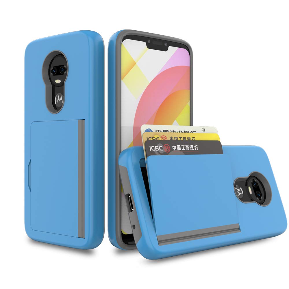FDTCYDS Moto G7 / G7 Plus with Card Holder,Shockproof Armor Silicone Hybrid Rugged Protective Wallet Cover Case for Motorola G7 / G7 Plus - Blue