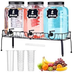 3 Pcs 2 Gallon Glass Drink Dispenser with Stand and Lid Mason Jar Beverage Dispenser with Stainless Steel Spigot, Hanging Chalkboard Signs, Fruit Infuse, Ice Cylinder, Liquid Pen (Black)