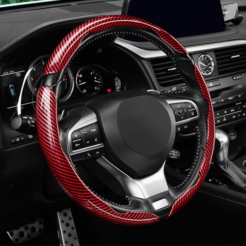 Amiss 3pcs Carbon Fiber Anti-Skid Steering Wheel Cover, Waterproof Design, Universal Fit for 14-16 Inch Car Wheel Cover, Interior Car Accessories for Jeeps, SUVs, Trucks (Glossy Red)