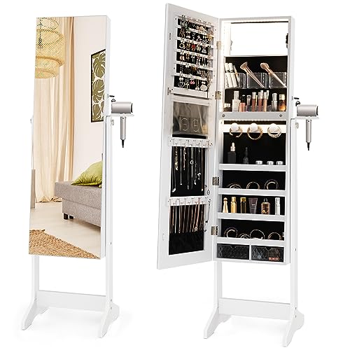 COSTWAY LED Mirror Jewelry Cabinet, Standing Jewelry Organizer w/Hairdryer Holder, Full-Length Mirror with Large Jewelry Storage, Lockable Jewelry Armoire for Living Room, Bedroom (White)