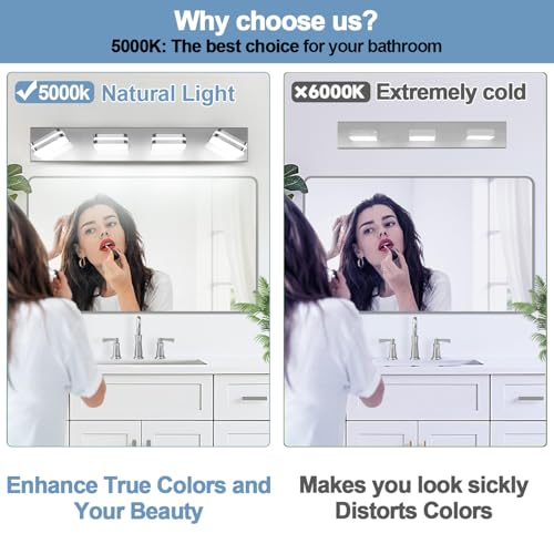 Image of Torondo 360 Rotate LED Bathroom Vanity Light Fixtures, Acrylic Vanity Lights for Bathroom, Modern Wall Lighting Fixtures Over Mirror Living, Chrome, Natural White, 4-Light, 27-Inch