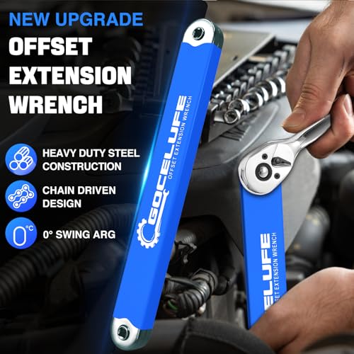 Image of Offset Extension Wrench Impact - Tight Reach Wrench Set with Universal Square Drive Adapters (1 /4 inch, 3 /8 inch, 1 /2 inch) - Ideal for Tight Spaces - Unique Tool gifts for Mechanic Men Dad (Blue)