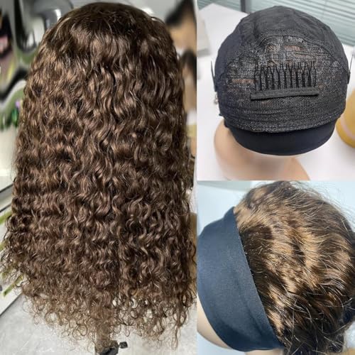 Image of XSY Headband Wig Human Hair Chocolate Brown #4 Deep Wave Headband Wigs for Black Women Wear and Go Brazilian Virgin Glueless Curly Human Hair Wigs 150% Density 16 Inch